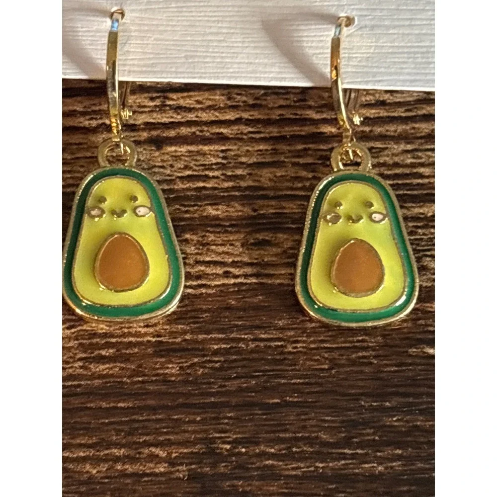 Kawaii Avocado Enamel Dangle Earrings Gold Tone Fruit Foodie Lever Back Hoops